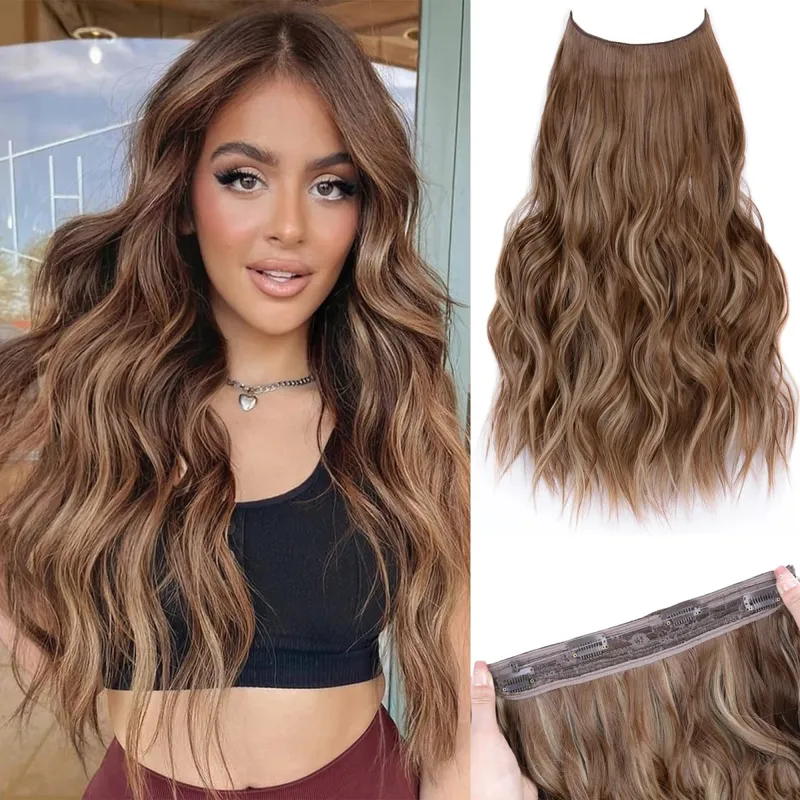 Synthetic 4 Clips Invisible Wire Hair Extensions Long Wavy Natural Fish Line One Piece False Hairpiece Hair Extension For Women