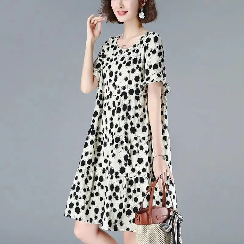 Female Clothing Casual Dot Printed A-Line Dresses Summer Butterfly Sleeve Korean Round Neck All-match Loose Spliced Midi Dress