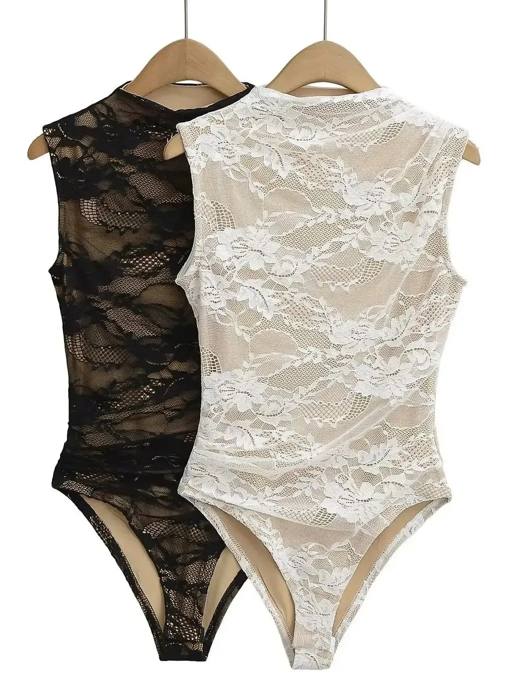 2025 Women's Summer Elegant Beige Black Sleeveless Lace Bodysuits Lady Luxury High Quality Street Bodycon Rompers Jumpsuits Tops