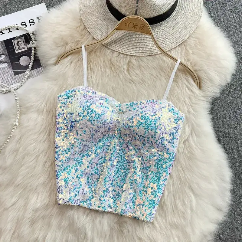 Sexy Sequin Party spaghetti Croset Bustier backless Slim Tanks and Camis Strap Glitter Crop Top Fashion Summer Women Clothes Y2k — image 2
