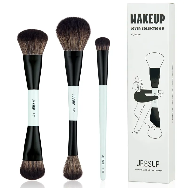 Jessup Makeup Brush Set Double Sided Makeup Brushes Foundation Contour Blush Blending Eyebrow Shadow Fiber Bright Cyan T501