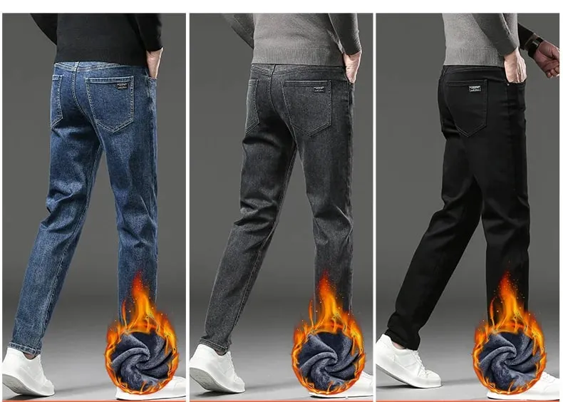 Winter Fleece Thick Warm Jeans Men's Slim Straight Elastic Denim Pants Casual Male Clothing Fashion Plush Trousers — image 8
