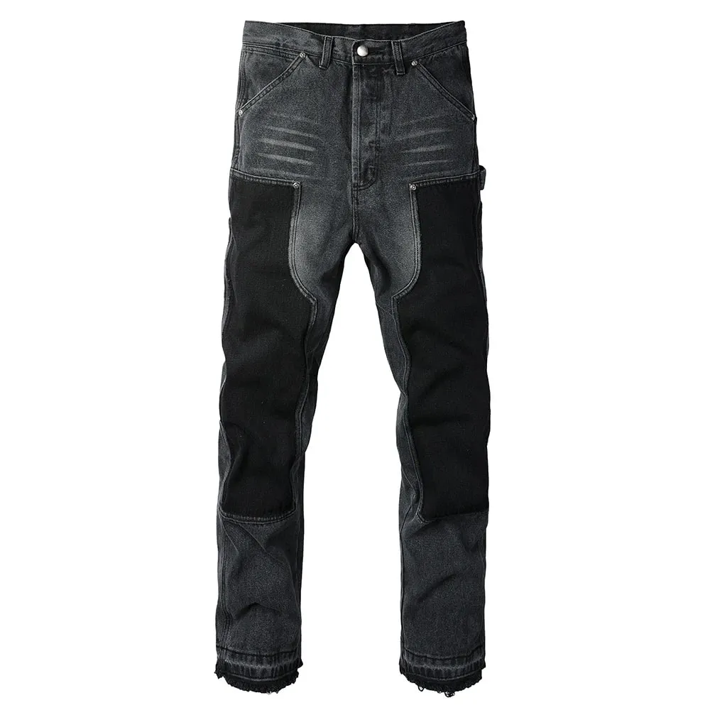 Men Patch Cargo Denim Jeans Streetwear Rivet Released Hem Patchwork Pants Button Fly Loose Straight Cotton Trousers