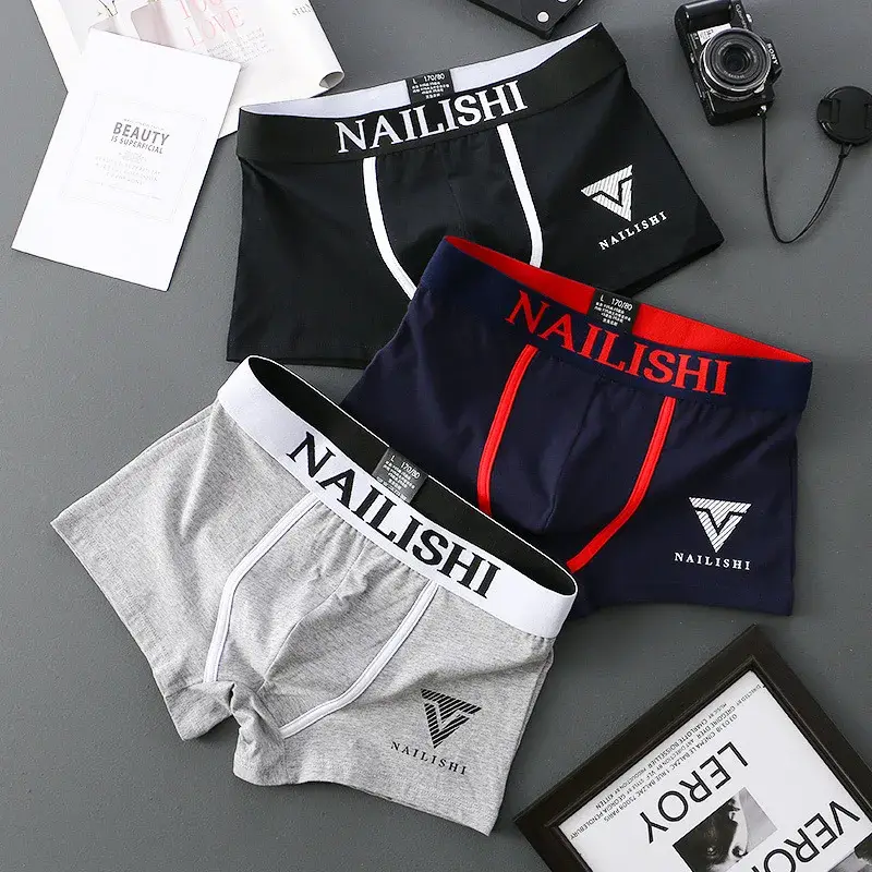 2 Piece Men's Underwear Burst of Cotton Breathable Youth Boxer Shorts Letter Trend Mid-waist Quadrangle Shorts Flat Corner Perso — image 3