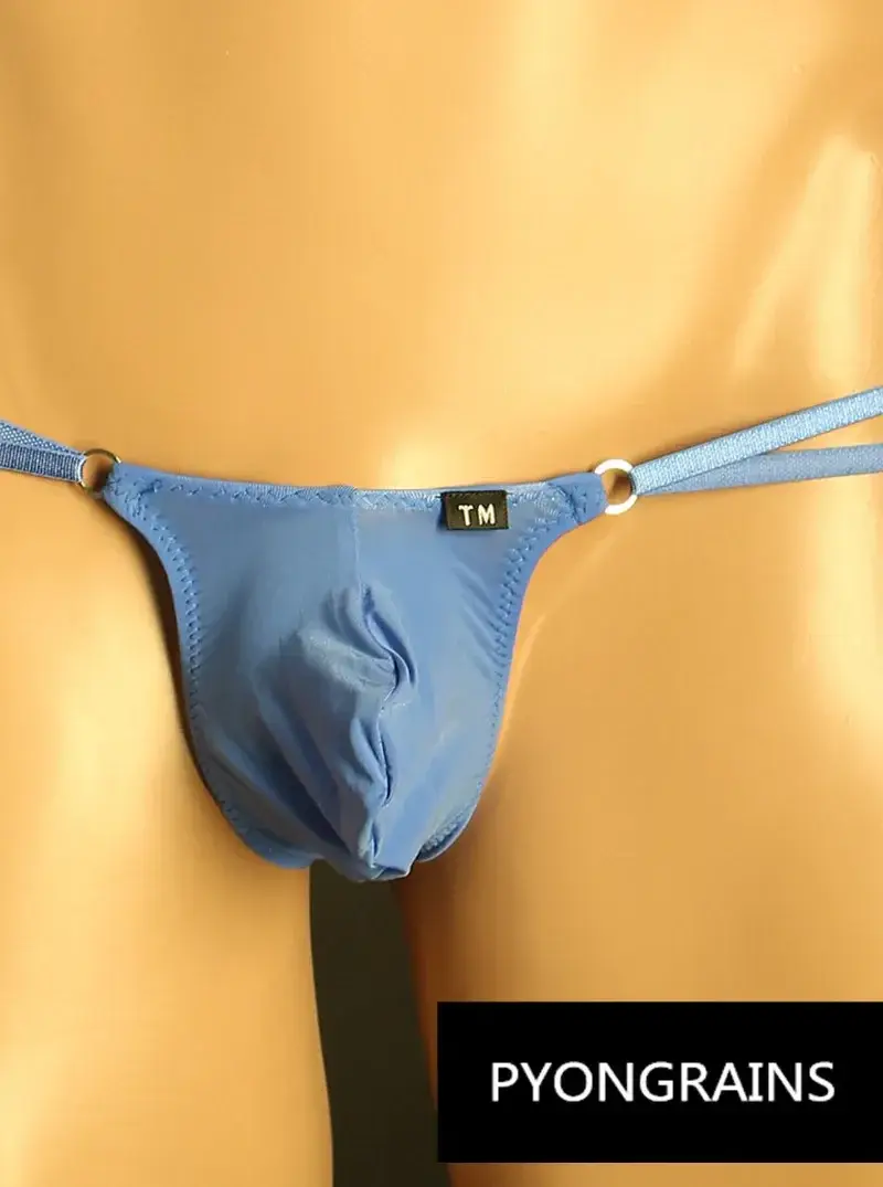 Men Adjustable Metal O-Ring Double Thin Strap Bikini Briefs Low Rise Silky Ice Silk 3D U Convex Pouch Sexy Male Underwear