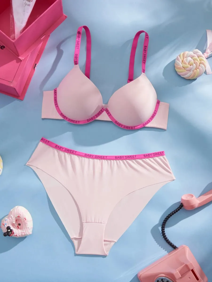 Ensemble de sous-vêtements pour femmes, couleur unie, sans couture, garniture en lettres, soutien-gorge Push Up, soutien-gorge confortable à armatures, ensemble de Lingerie décontracté pour tous les jours — image 2