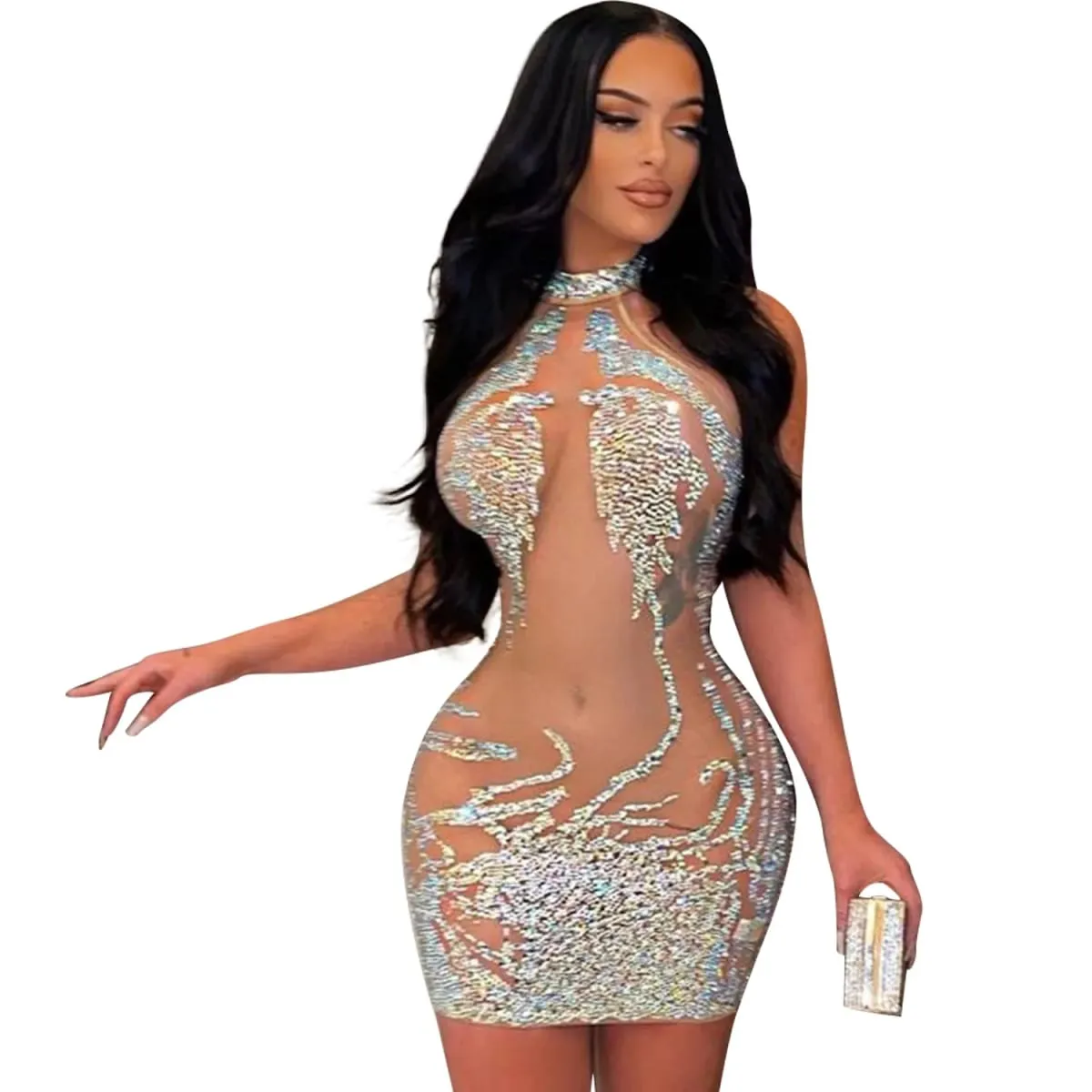 Sexy Mesh Rhinestone Short Prom Evening Mini Dress See Through Outfits Luxury For Women Night Club Party Diamond Bodycon Dresses — image 2