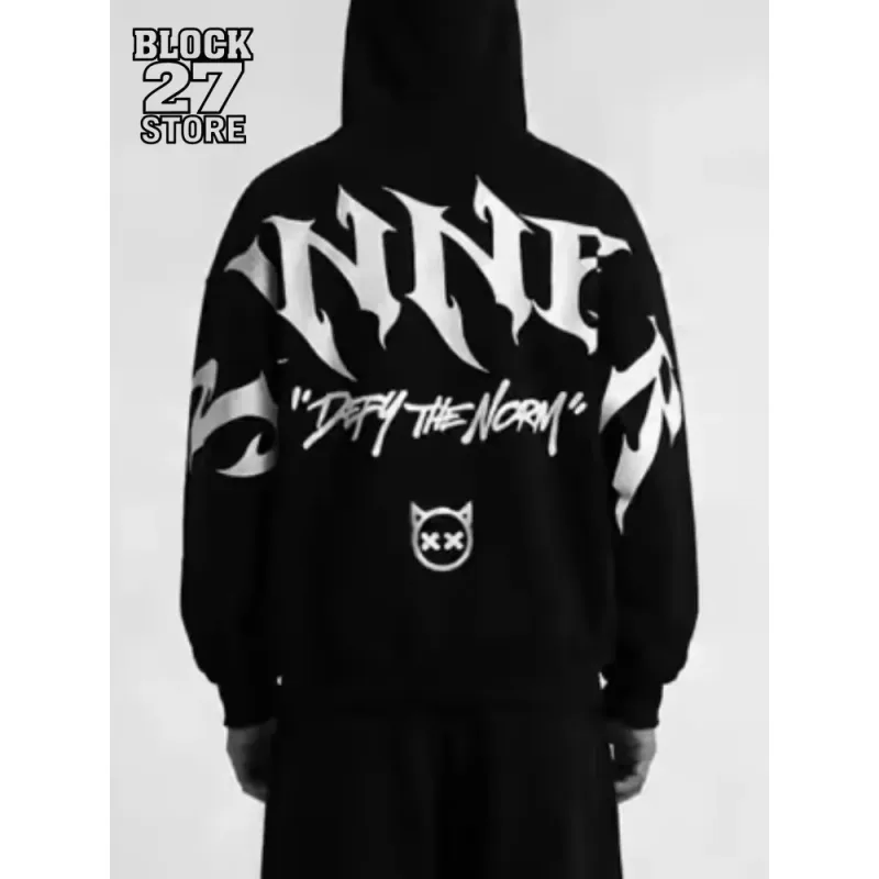 Sweat à capuche surdimensionné imprimé gothique Sinner Defy The Moon pour hommes, Streetwear noir, moto, pull décontracté, sweat-shirt à capuche — image 3