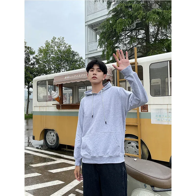 new mens solid grey Hoodies Autumn Long Sleeve Pullover Tops Casual Pocket Hoodies Unisex Outer Loose Sport Wear — image 5