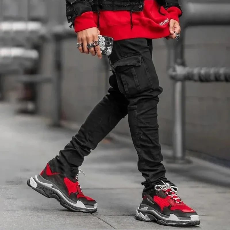 Men Street Elastic Denim Jeans Wash Solid Color Multi Pockets Cargo Pants Casual Slim Fit Daily Wear Joggers Mid Waist Trousers