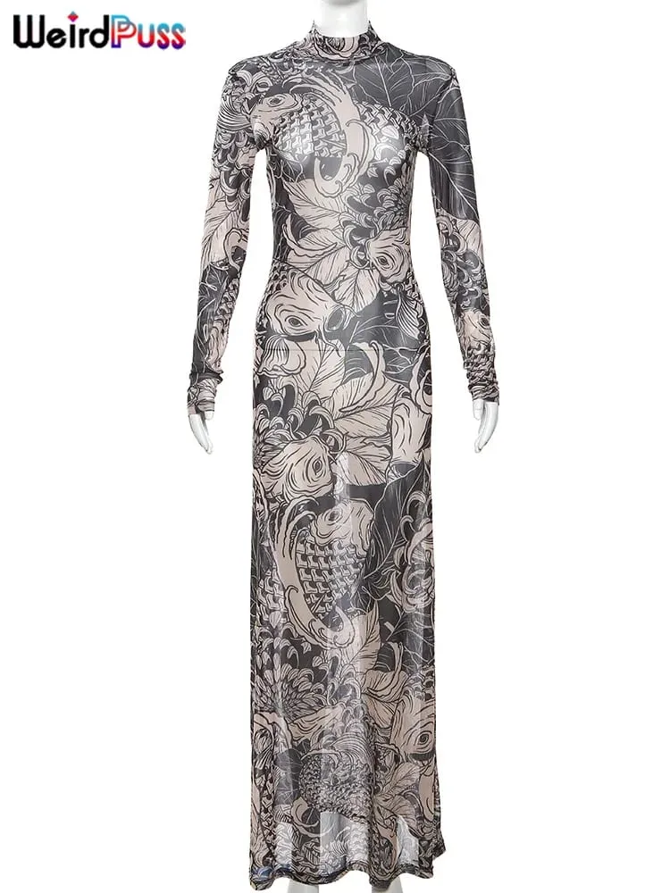 Weird Puss Mesh Print Frauen Maxi Kleid Rollkragen Volle Hülse Bodycon Herbst Trendy Hipster High Street Party Y2K Attirewear — image 7