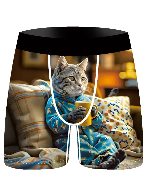 3Pcs Men Boxer Briefs Cute Lazy Cat 3D Print Underwear Soft Stretch Male Underpants Funny Novelty Gift Boxer Shorts — image 5