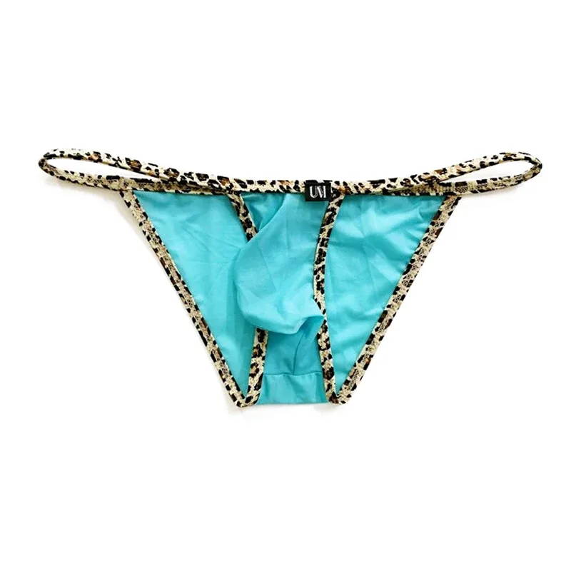Men's Low Waist Nylon Briefs with Strings Leopard Print Micro Bikini Style Underwear Thin Ultra Slip Push-Up with Bulge Pouch