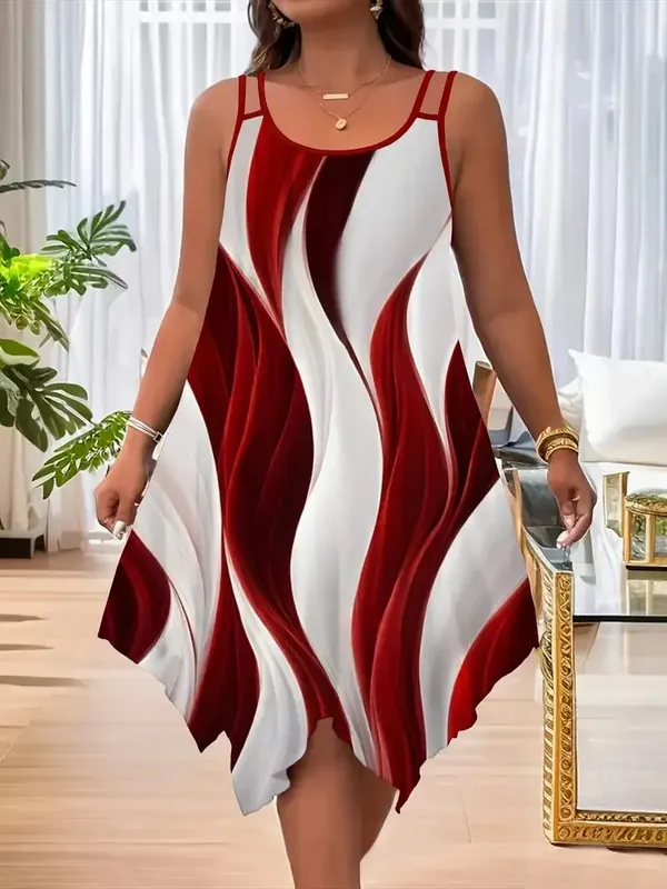 Plus-size women's fashion asymmetrical geometric stripes printed double strap dress — image 6