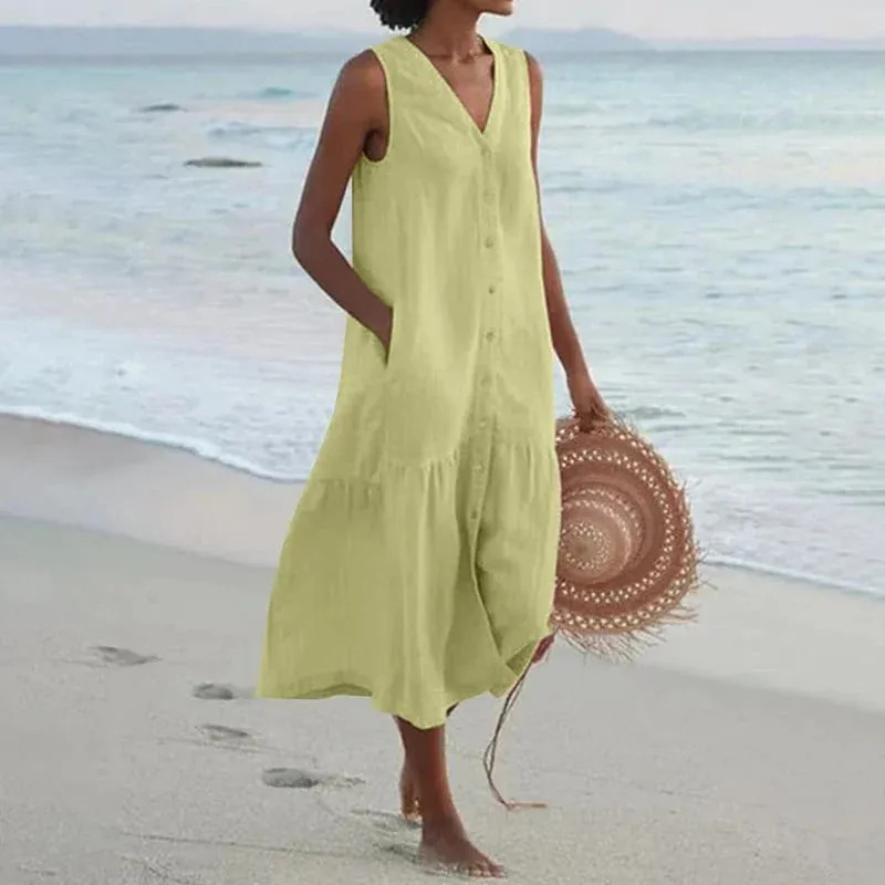 Musim Panas Longgar Kasual Patchwork Cotton Linen Pocktes Gaun V Leher Gaya Pantai Gaun Tanpa Lengan Vintage Club Midi Solid Wanita Pakaian — image 10