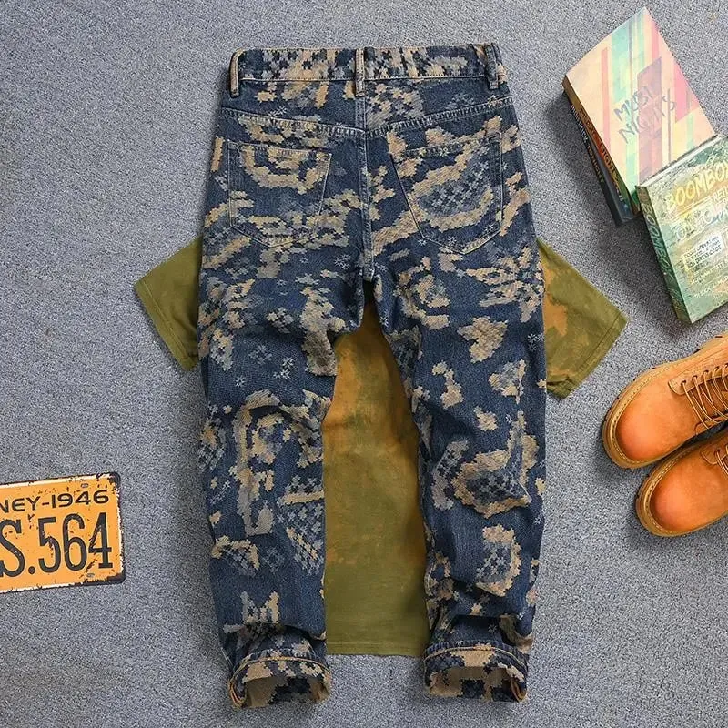 Mosaic Jacquard Embroidery Retro Jeans Men's Fashion High end Loose Straight Tube Trendy Printed Wide Leg Long Pants