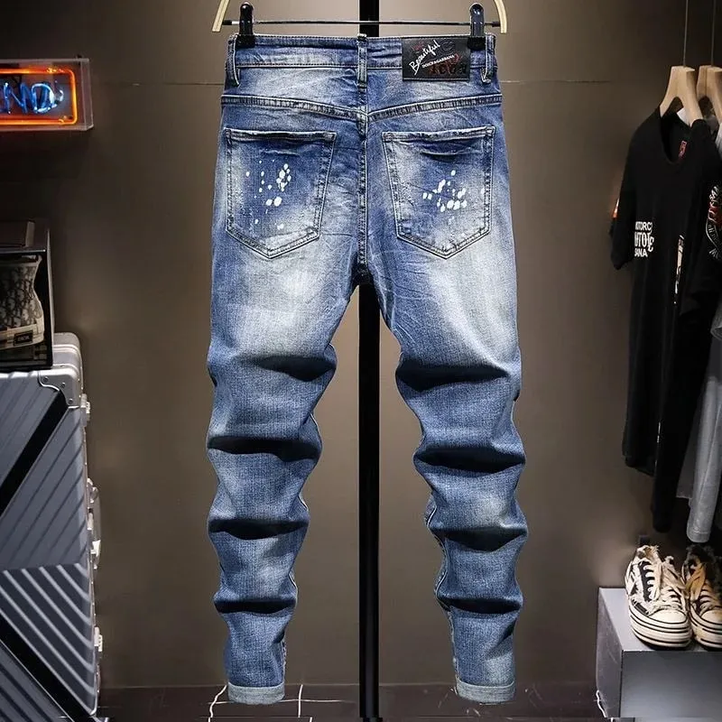 2024 Spring and Autumn Fashion Trend Printed Straight Leg Stretch Jeans Men's Casual Relaxed Breathable High-Quality Trousers