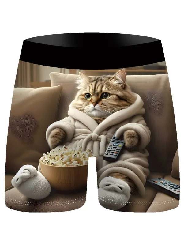 3Pcs Men Boxer Briefs Cute Lazy Cat 3D Print Underwear Soft Stretch Male Underpants Funny Novelty Gift Boxer Shorts — image 6