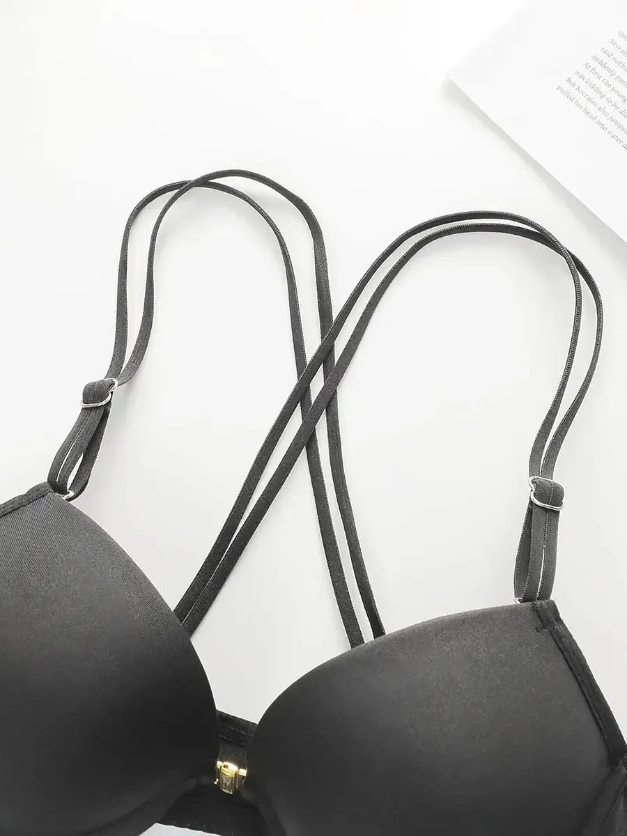 Women's Front Button Back Cross Strap Bra Set Gathering Push Ups Solid Color Lace Sexy Daily Comfort Casual Underwear Set A2159 — image 3