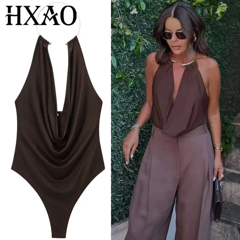 Brown Halter Bodysuit Women Summer Bodys For Sexy Women Off Shoulder Sleeveless Thong Bodysuit With Open Back Rave Bodysuit — image 2