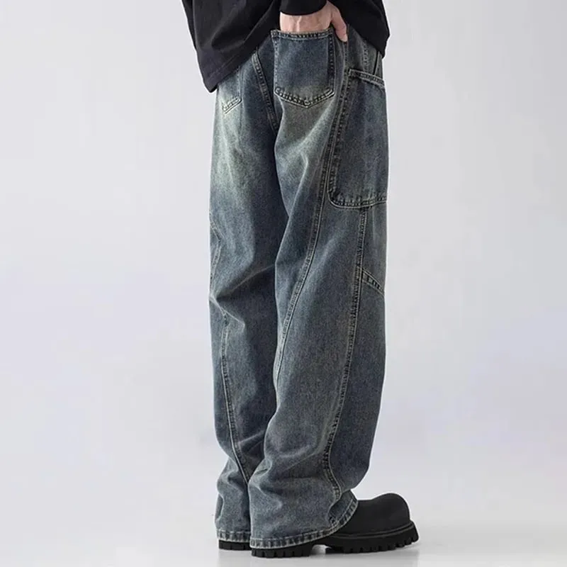 Korean Style Large Pocket Workwear Jeans Retro Blue Men'S Baggy Jeans Straight Leg Pants Casual Wide Leg Pants Casual Pants — image 6