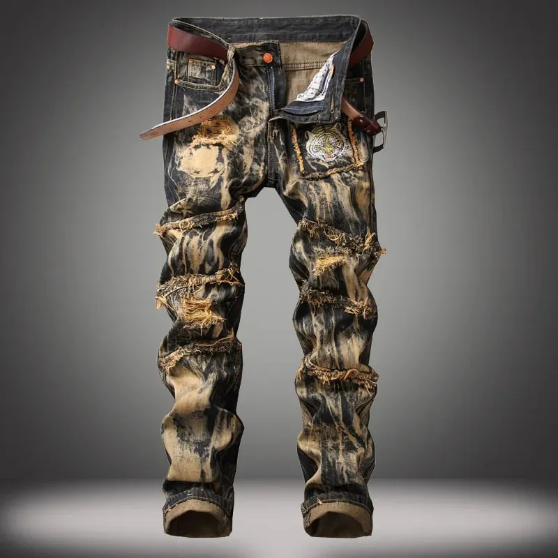 American Vintage Straight-leg Jeans for Men Featuring Distressed Rip Details Patchwork and Street-style Tapered Cut. — image 2