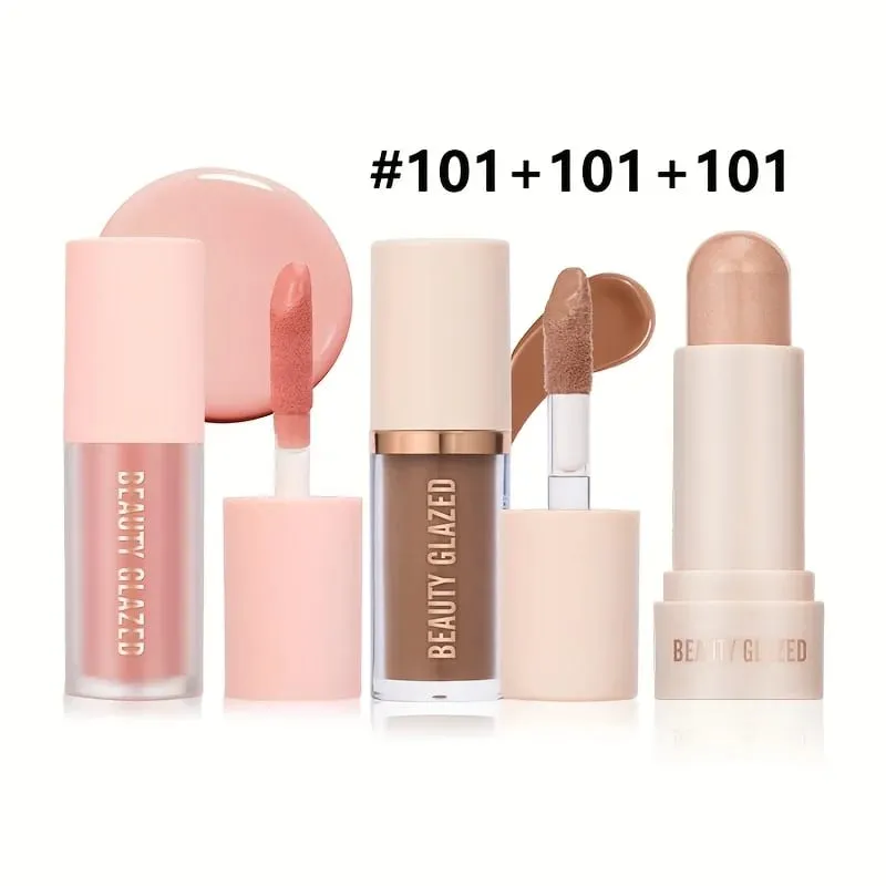 3pcs Face Highly Pigmented Liquid Contour Makeup Set Long Lasting Natural Contour Contouring Bronzer (Contour+Blush+Highlighter)