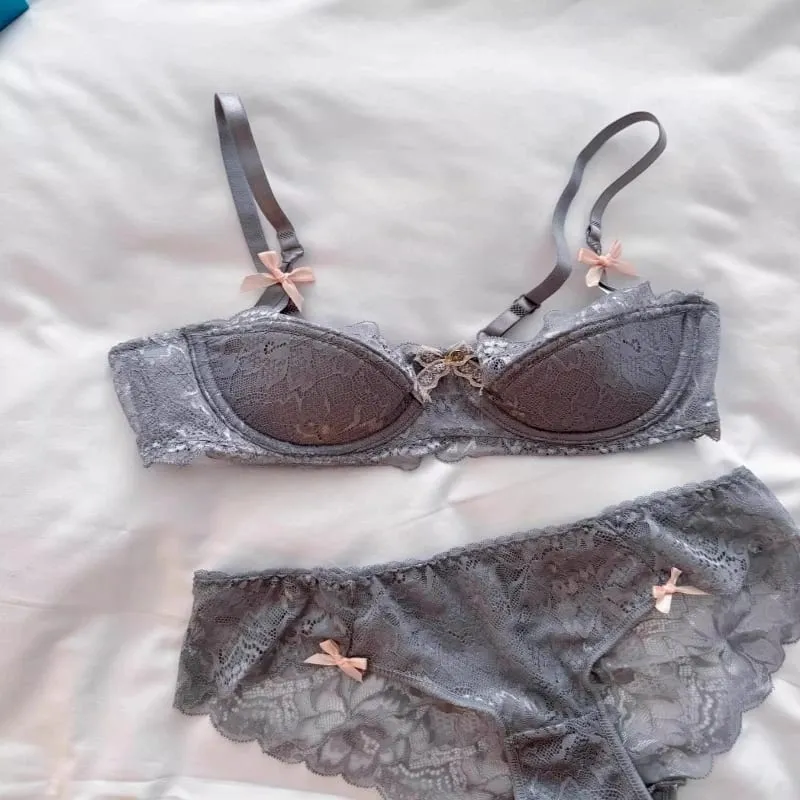 Los más vendidos Conjunto de sujetador de media copa de encaje Sexy para mujer, conjunto de lencería cómoda con aros suaves, Push Up fino elegante, encaje excelente — image 7