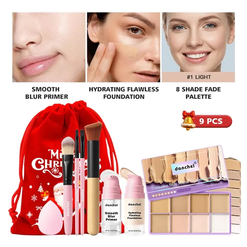 9Pcs Blur Primer Hydrating Foundation 8‑Color Cream Concealer Palette Woman Makeup Brushes Long Lasting Bleadable Christmas Gift
