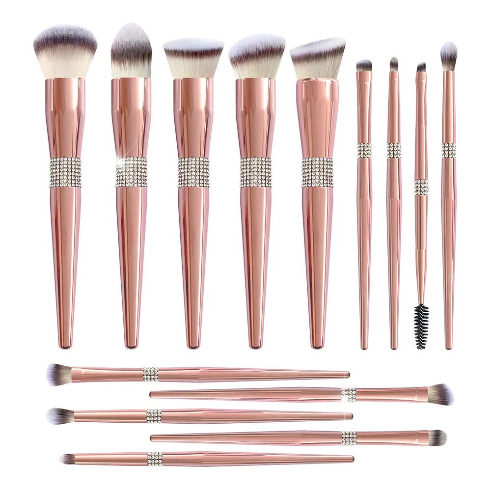 New 14 Pcs Luxury Rose Gold Bling Rhinestone Makeup Brushes Set Glitter Diamond Vegan Makeup Brush Set With Rhinestone — image 1