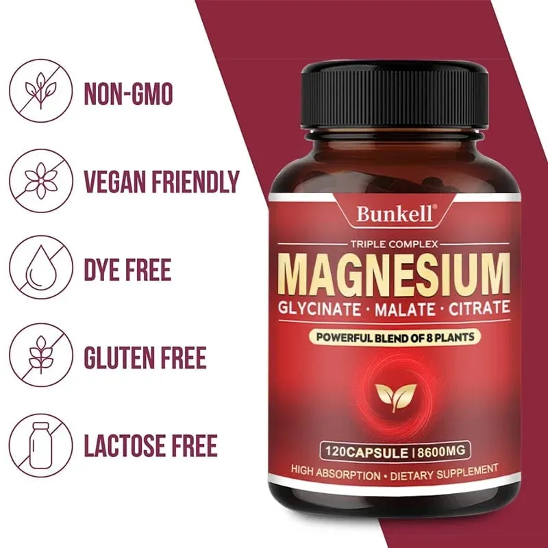 Penyerapan Tinggi Magnesium Glycinate Malate Citrate 100% Kelat Bukan GMO Vegetarian Bebas Gluten 8 600 Mg 120 Kapsul — image 6