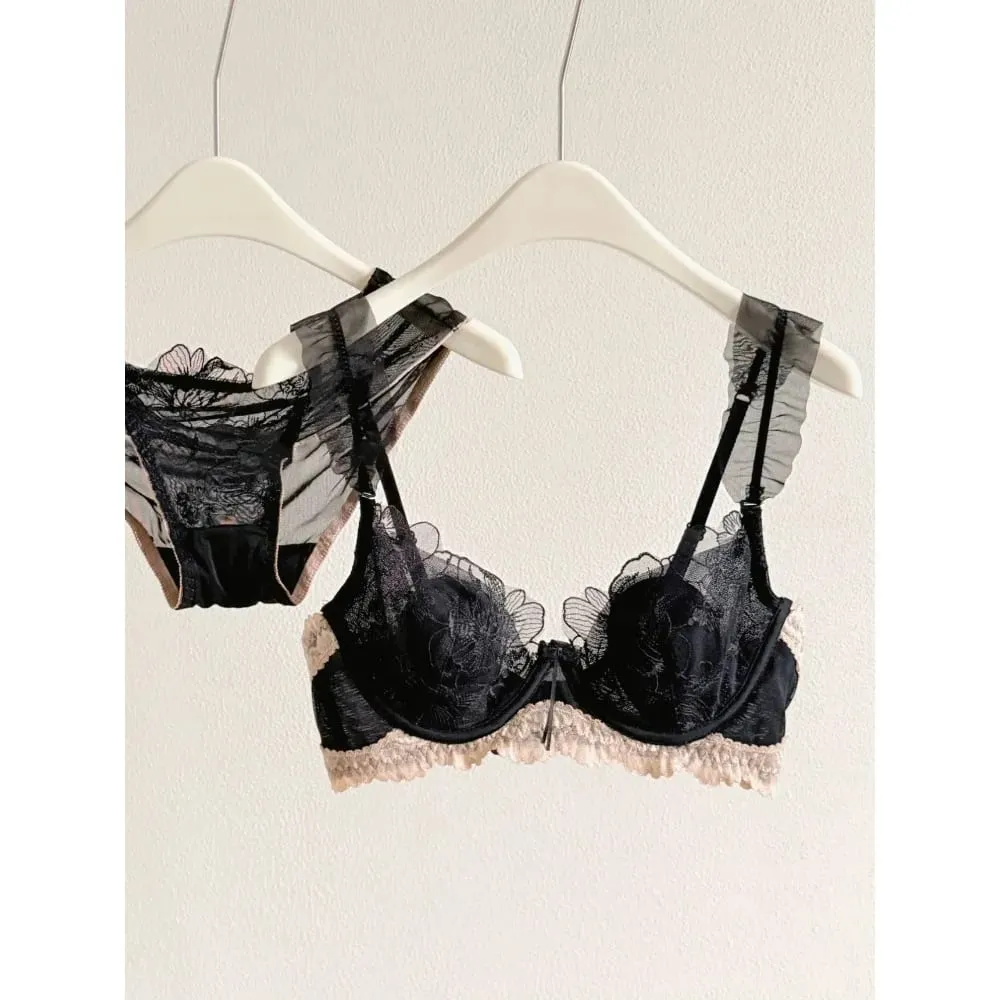 Damen-BH-Set aus französischer Spitze mit Blumenmuster, ultradünn, Kaninchenohr-Cup, weicher Bügel, sexy Dessous, große Büste, Minimizer, atmungsaktiver Alltags-BH — image 1