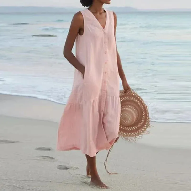 Musim Panas Longgar Kasual Patchwork Cotton Linen Pocktes Gaun V Leher Gaya Pantai Gaun Tanpa Lengan Vintage Club Midi Solid Wanita Pakaian — image 13