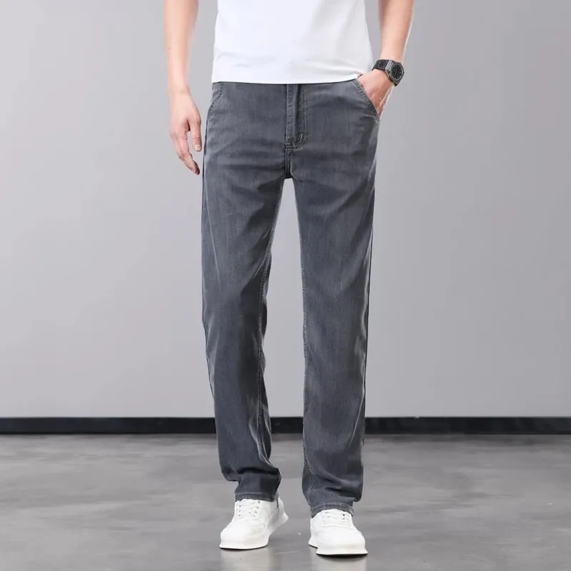 Summer Thin Men's Jeans Lyocell Fabric Soft Breathable Straight Denim Pants Brand Man Elastic Ice Silk Casual Trousers Grey Blue — image 3