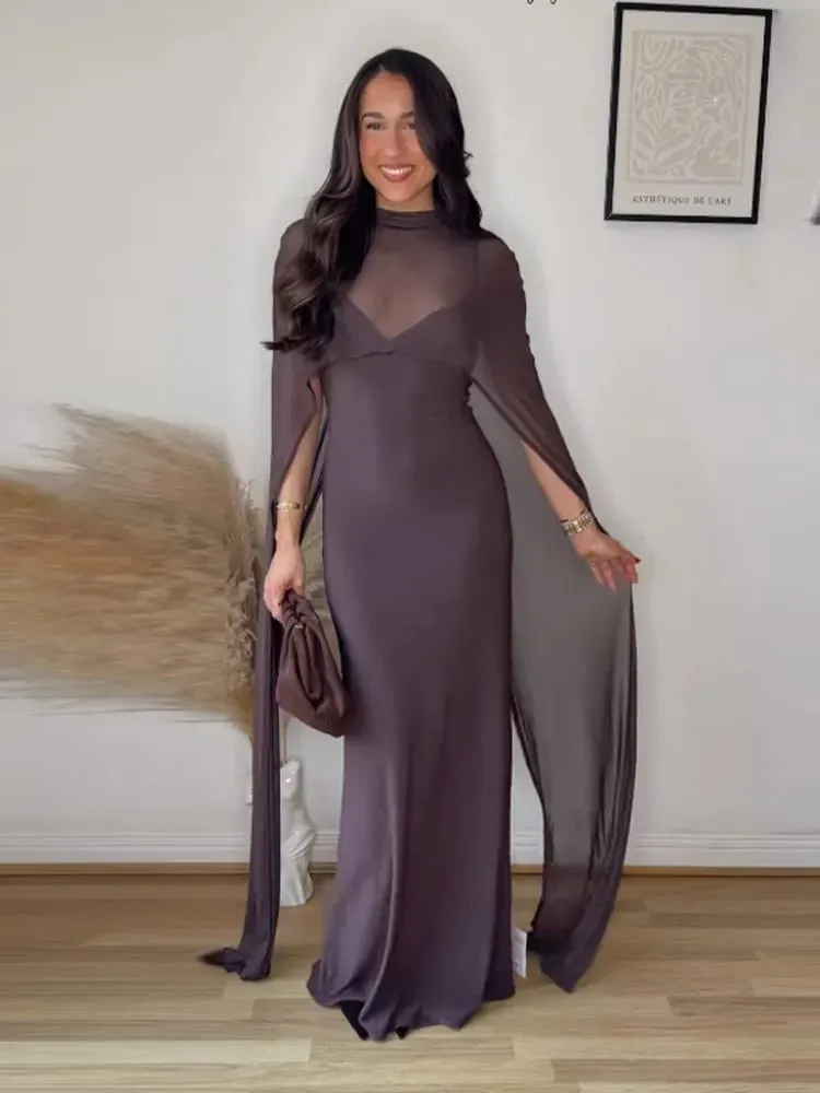 Abiti da sera da donna con mantello trasparente Elegante scollo a V sottile senza maniche Abito con pacchetto anca per donna 2026 Abiti da festa da donna — image 7