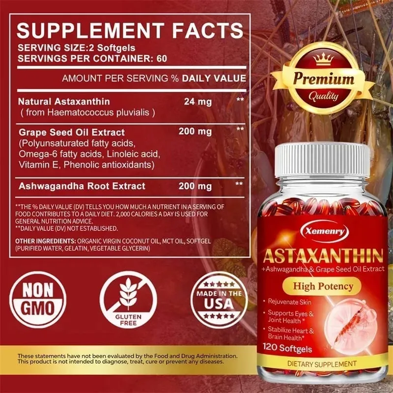 Astaxanthin Softgels 24mg - Support Skin Eye Joint Health Anti-oxidation Relieve Eye Fatigue Enhance ImmunitySupplements
