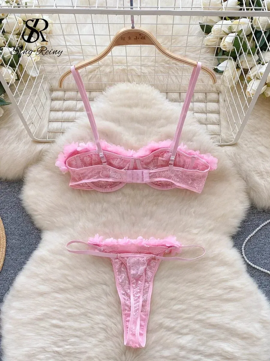 2024 Sensual Mesh Lace Lingerie Three Pieces Sets Women Floral Strap Mini Bra+Thongs Hollow Out Sexy Underwear Suits — image 2