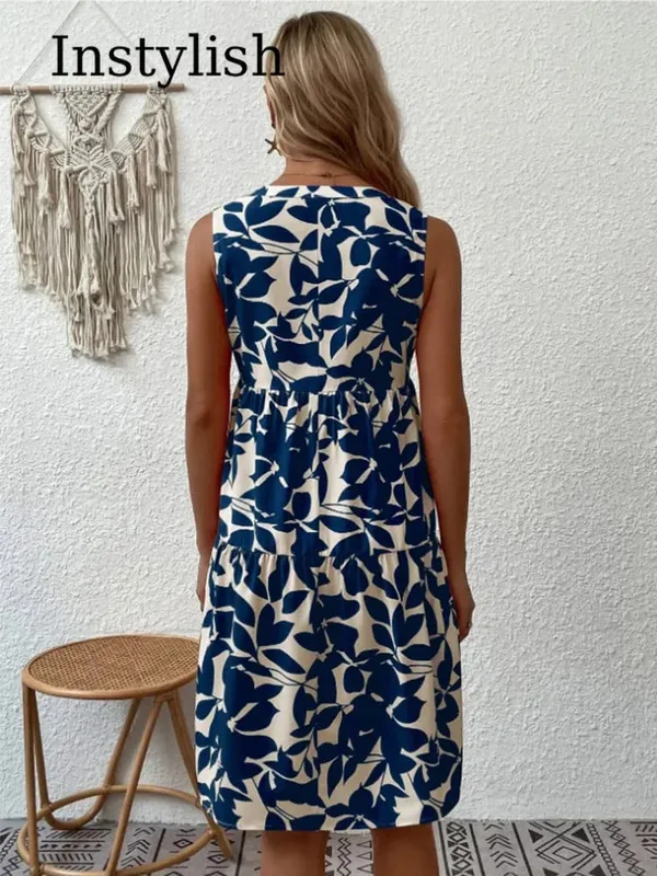 Damen Boho-Druck-Minikleid, Sommer, elegant, ärmellos, V-Ausschnitt, Rüschen, A-Linie, Tank-Kleid, lässig, locker, übergroß, Strand, Party, Sommerkleid — image 7