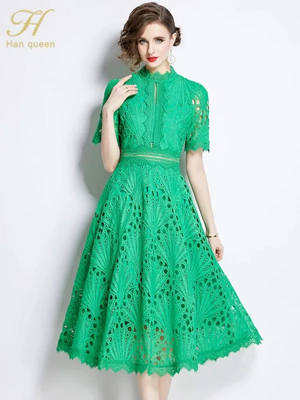 H Han Queen Spring New Elegant Casual Work Party Dresses Floral Crochet Hollow Out Lace Patchwork Casual Office Midi Dress