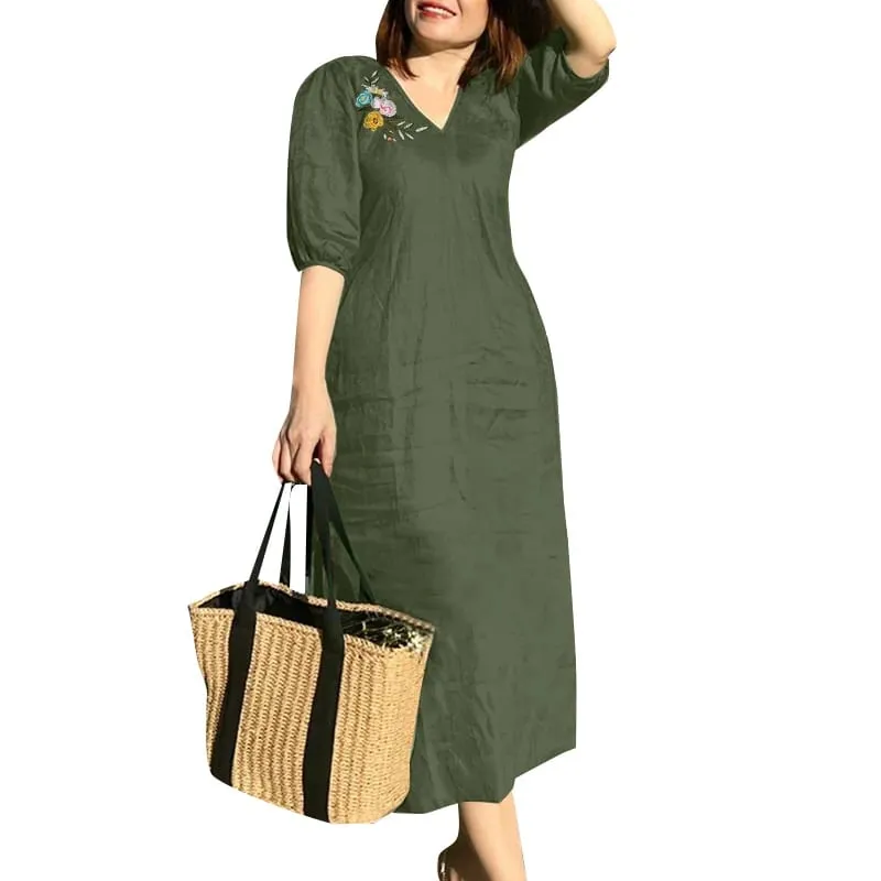 Women V Neck A-line Vestidos Solid Holiday Casual 2024 Summer Dresses Commute Half Sleeve Floral Embroidery Midi Dress — image 9