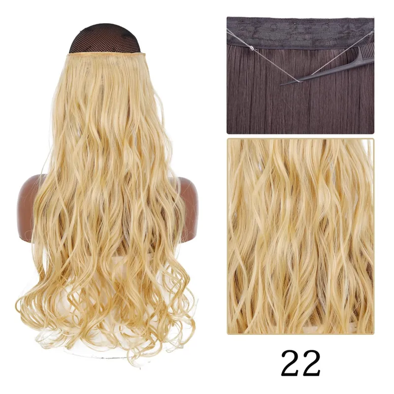 Synthetic No Clip Adjustable Fish Line Hair Extensions Natural Blonde Brown Long Wavy Heat Resiatant Hairpiece For Women