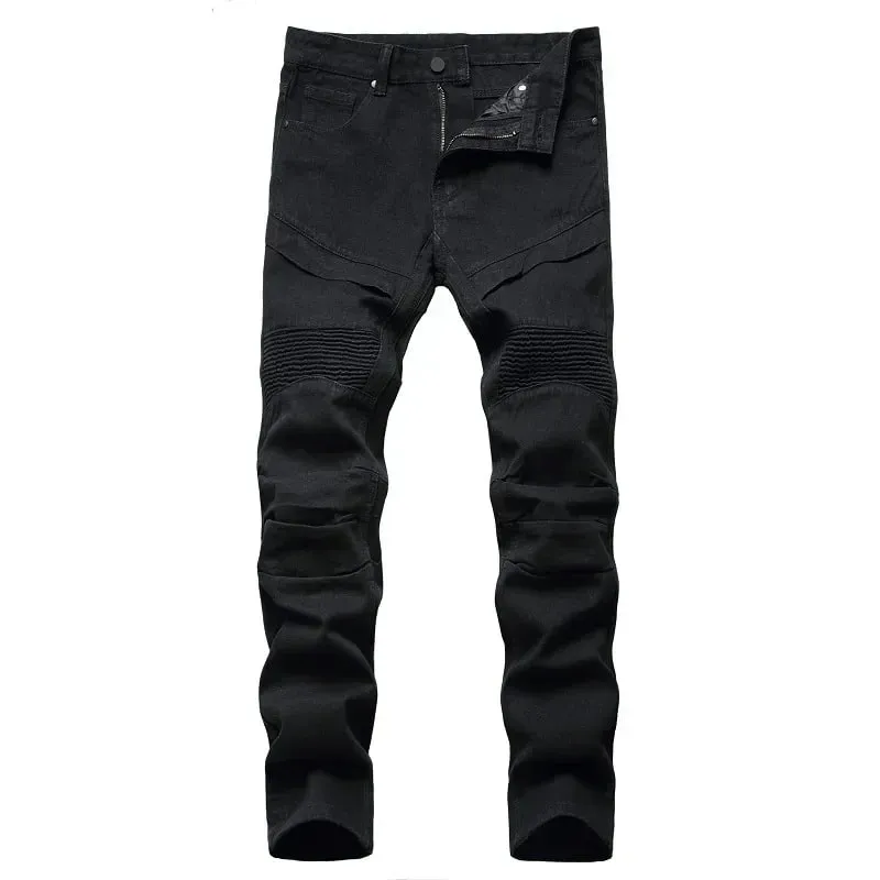 New Men's Slim Jeans White Motorcycle Trendy Casual Patchwork Denim Trousers Fashion Tight Folding Male Pants (without Belt) — image 6