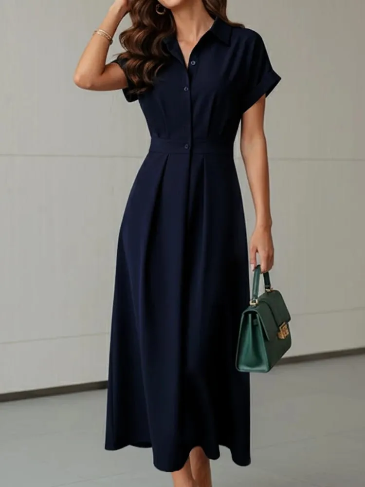Elegant Chic Women Long Dresses Casual Short Sleeve Collared High Waisted Casual & Day Shirt Dress Solid Color S-3XL — image 6