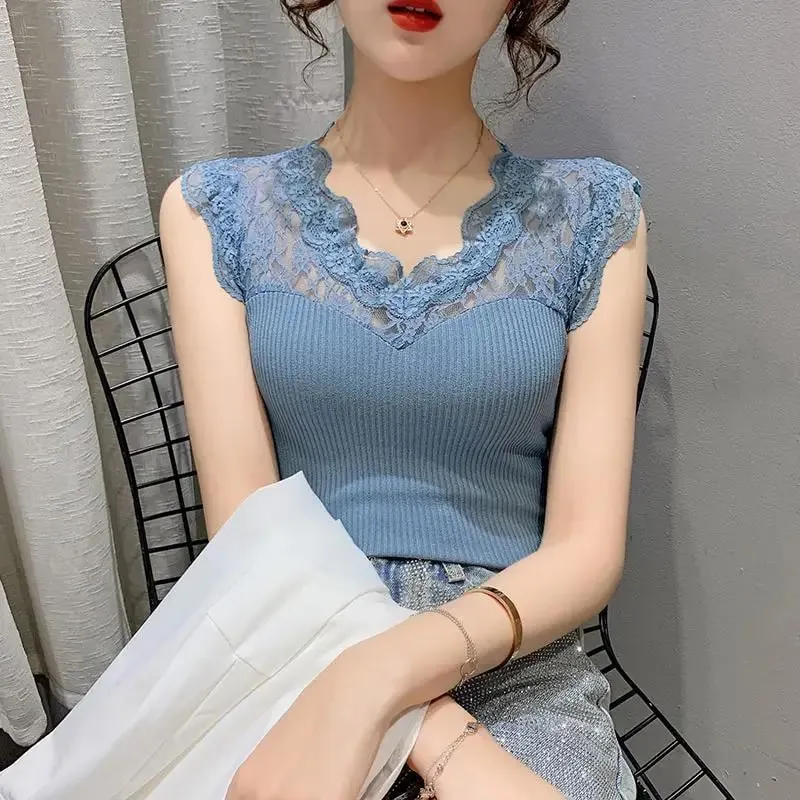 Summer V-neck Lace Stitching Pullover Sleeveless T-shirt Women's See-through Ice Silk Vest Suspender Knitted Base Layer Women — image 9