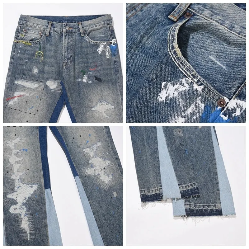 Blue Speckle Ink Washed Flared Jeans Slim Fit Hip Hop Graffiti Ripped Denim Pant Men Streetwear Vintage Wide Leg Jean Pants Y2k — image 7