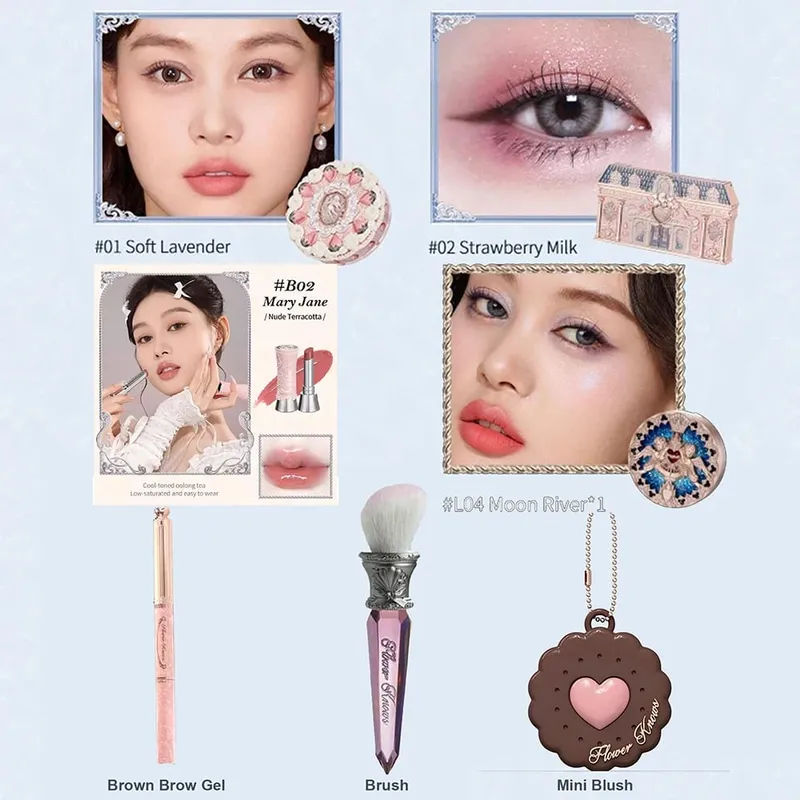 Flower Knows Makeup Kits Christmas Gift Set Mirror Long Lasting Blush Matte Lipstick Pressed Powder All in Make Up Sets