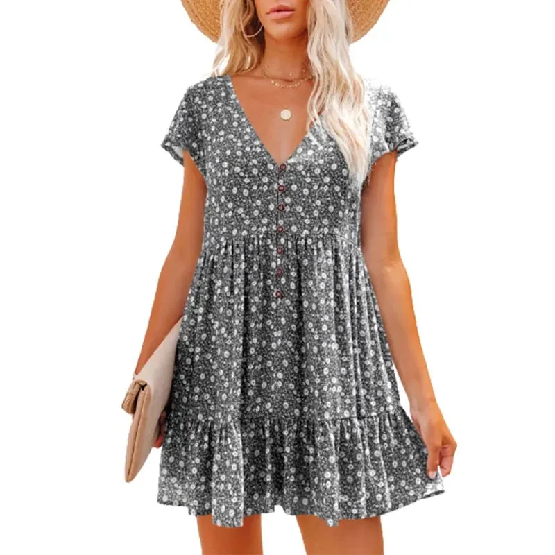 In Europe and the spring and summer independent stand v-neck button small broken flower loose women's leisure dress with short s — image 6
