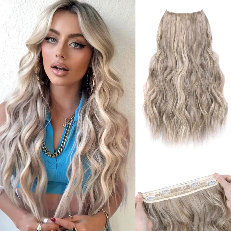 Synthetic 4 Clips Invisible Wire Hair Extensions Long Wavy Natural Fish Line One Piece False Hairpiece Hair Extension For Women