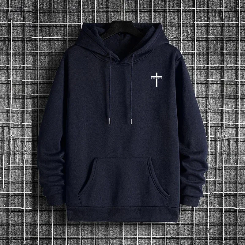 Hoodie urbano masculino 2025 de alta qualidade cor sólida manga longa moletom casual desportivo com capuz outerwear jesus cruz impressão pulôver — image 15