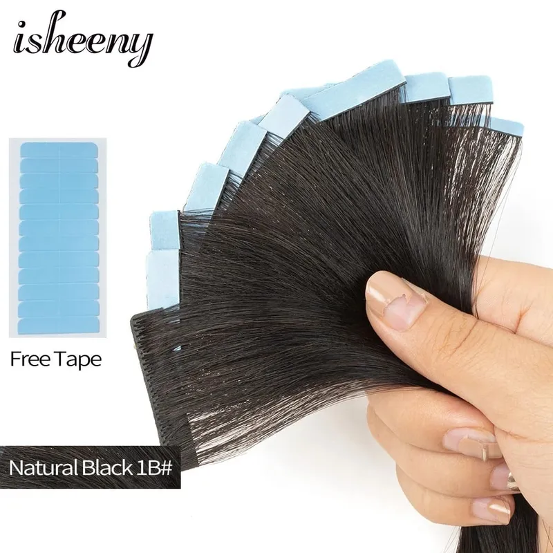 Isheeny 12" 16" 20" PU Skin Weft Tape Hair Extensions 10pcs Invisible Tape In Hair Extensions Straight Machine Remy Human Hair